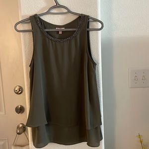 Juicy Couture Tiered Army Green Sleeveless Blouse With Bejeweled Neckline